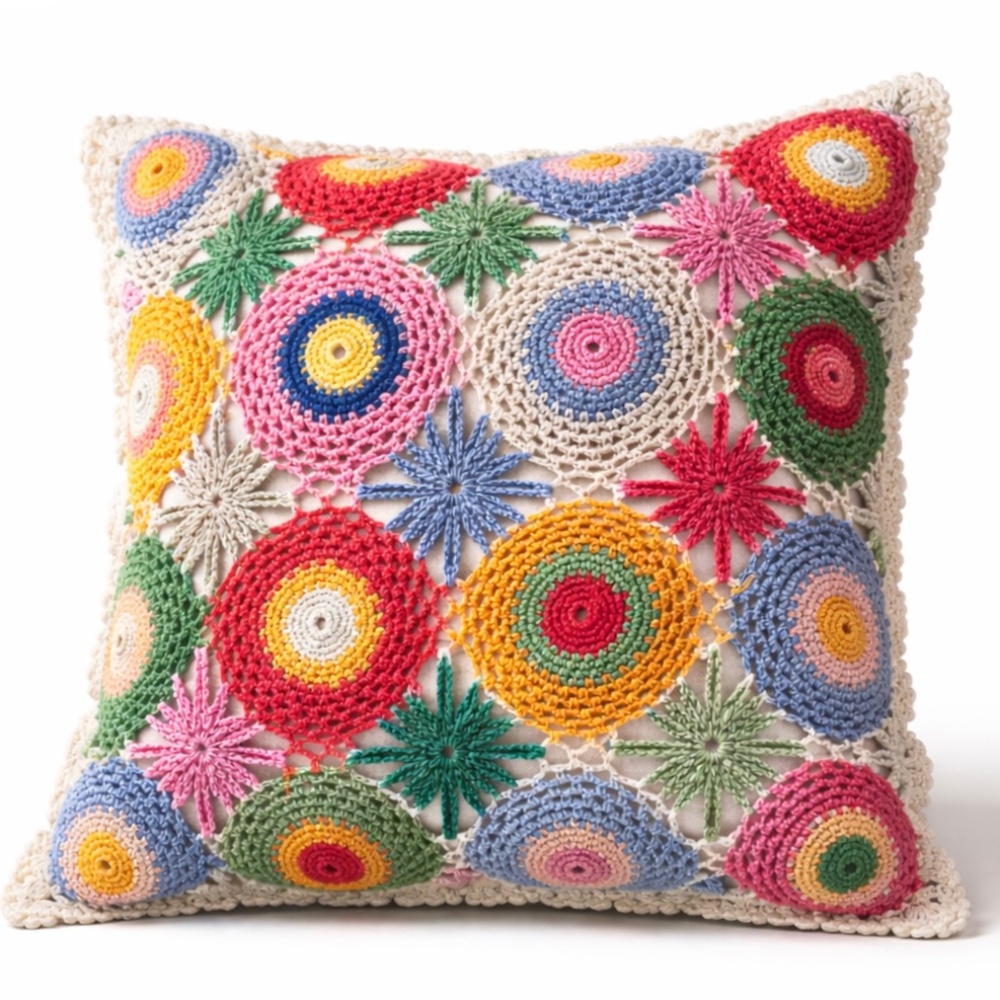 Vintage 2000s AnthropologieBoho Crochet Throw Pillow Colorful Textured Decor - G